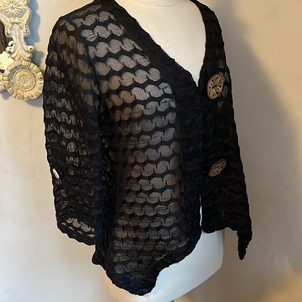 Nina Leonard Vintage Black Sheer Cardigan w/large wooden Buttons Size Large - Picture 3 of 15